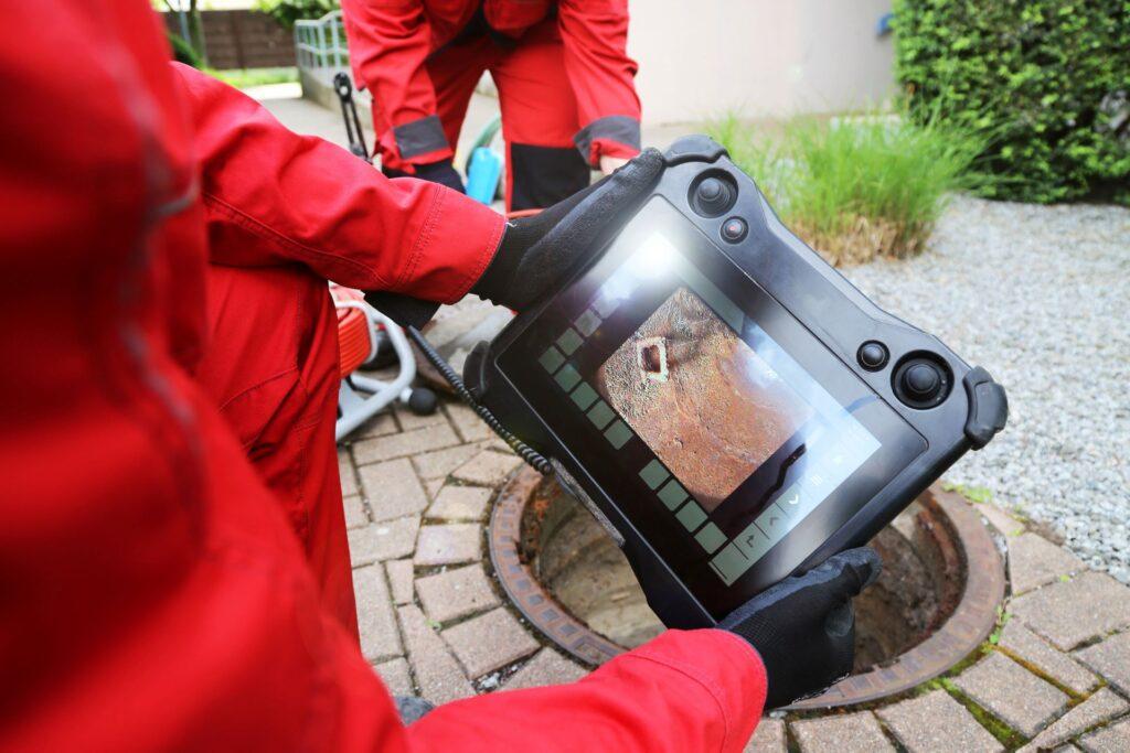 Techniker in roter Schutzkleidung führt eine Kamerainspektion durch und betrachtet auf einem Monitor die Aufnahmen des Kanalsystems, aufgenommen über einer geöffneten Kanalabdeckung.