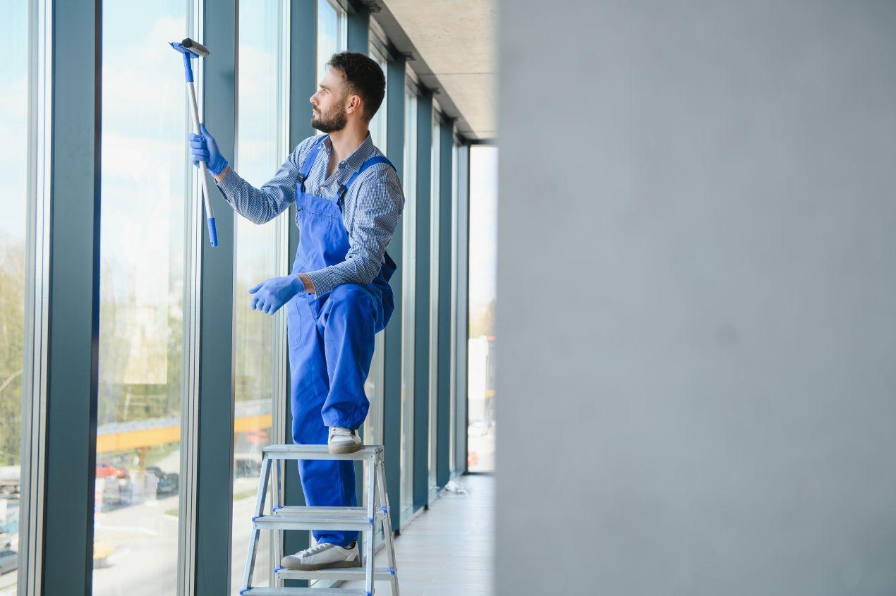 Ein Mitarbeiter reinigt Fenster in einem Berliner Gebäude mit professionellem Equipment im Rahmen der Gebäudereinigung Berlin