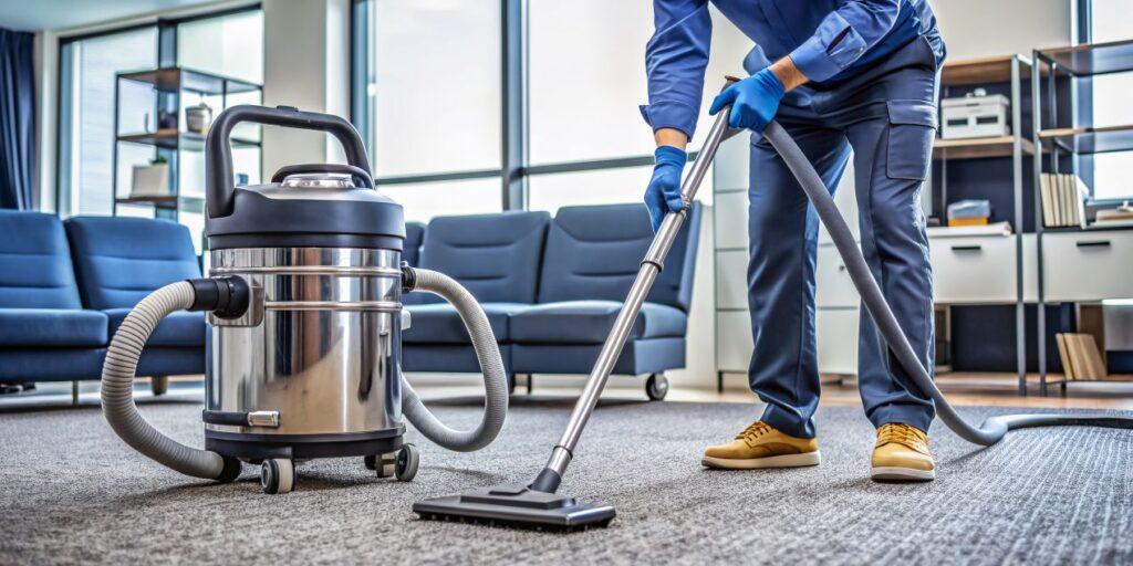 Gewerblicher Staubsauger im Einsatz bei der Teppichreinigung in einem Berliner Büro während der Gebäudereinigung Berlin